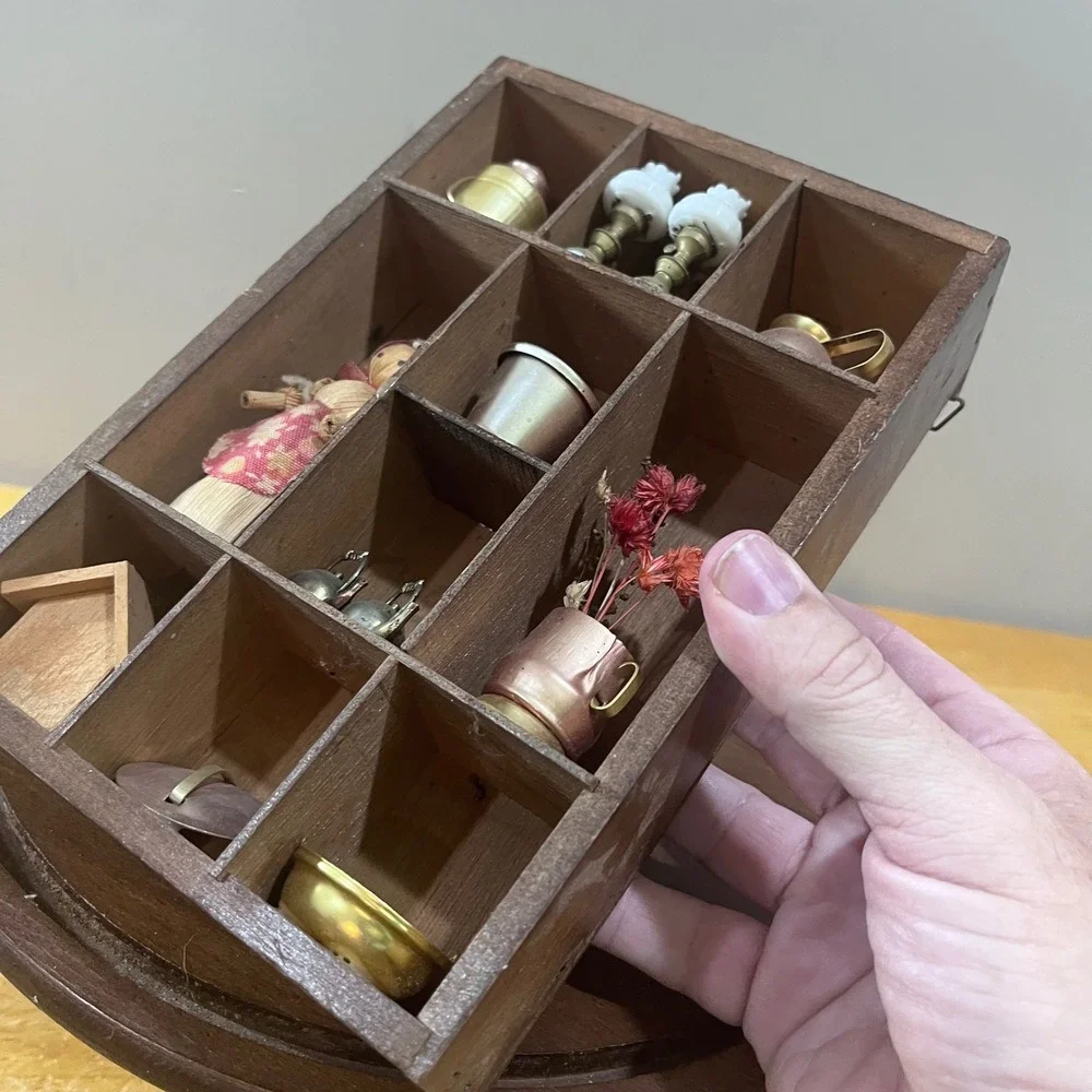 Vtg Country Farmhouse Wooden Shadow Box Curio Case 12 Miniatures Rustic Decor